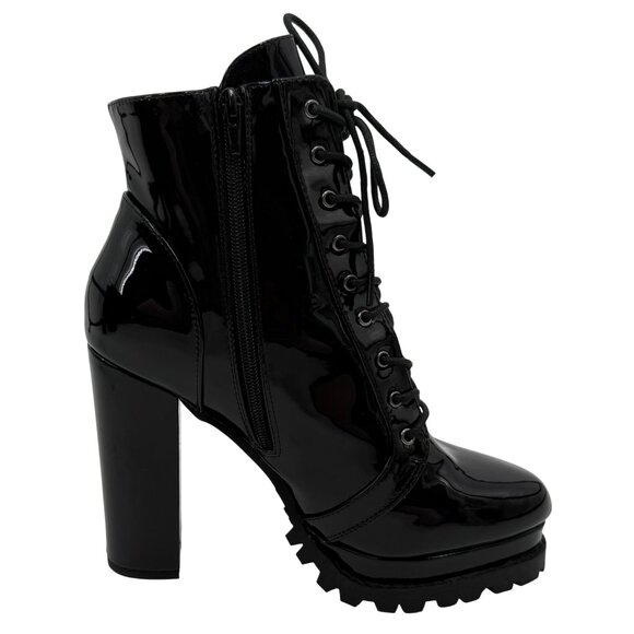 Black Faux Patent Leather Lug Sole Edgy Sexy Baddie Platform Heel Boots 10 - Picture 6 of 16